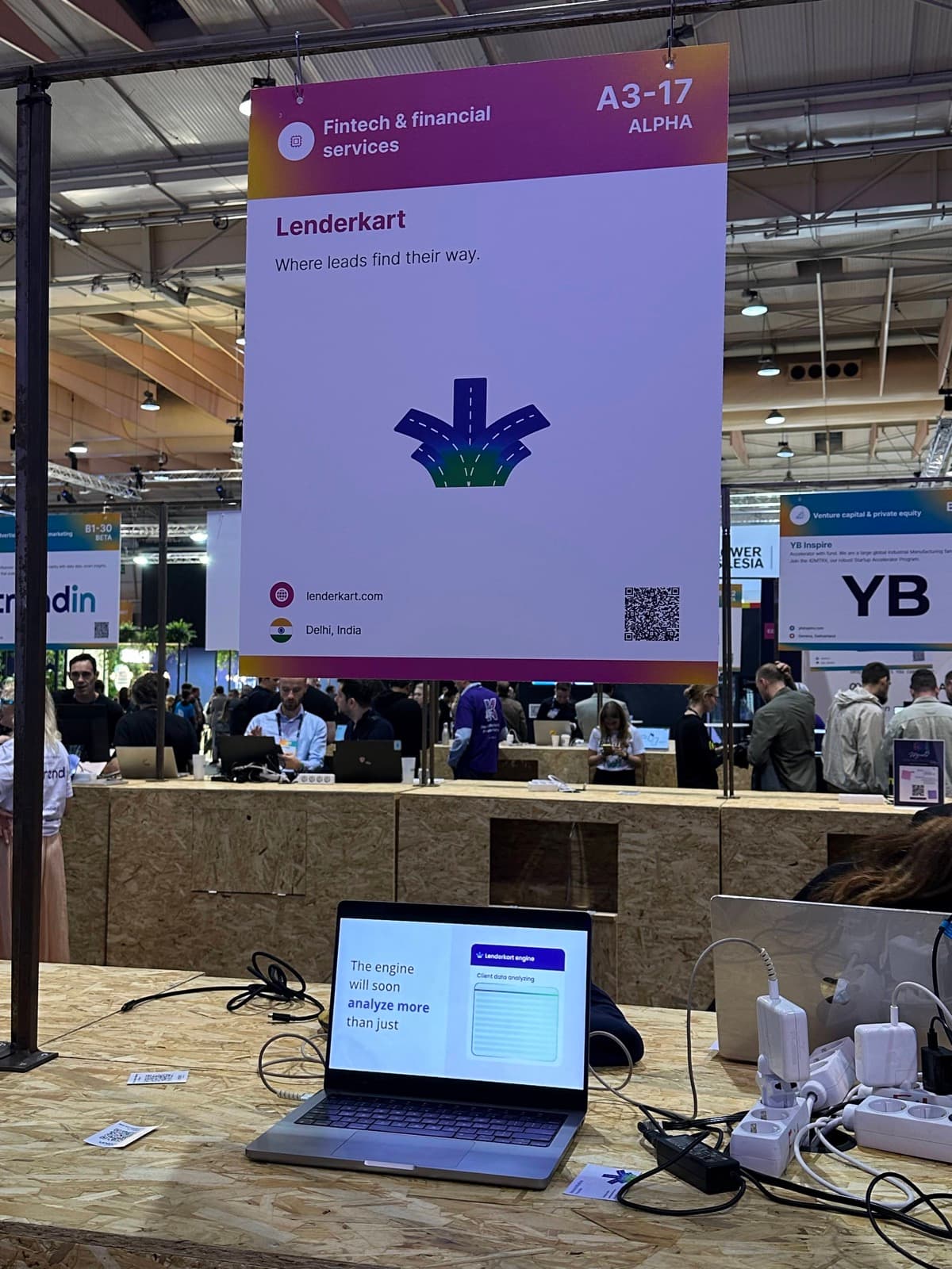 The LenderKart stand at Web Summit Vancouver, showing the 'Where leads find their way' signage above booth A3-17